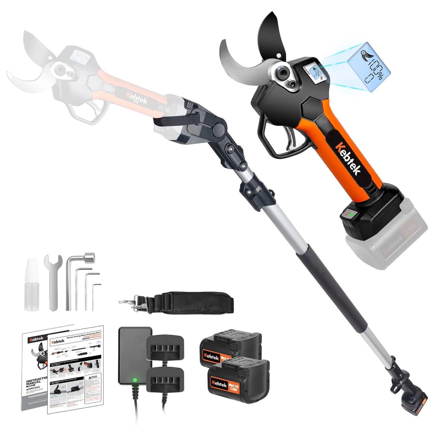 2 In 1 Electric Pruning Shears 40MM Pole Set，Brushless Motor 2Pack 2AH Rechargeable Battery-LCD Display Screen (KT940 Pruner+Pole Set)