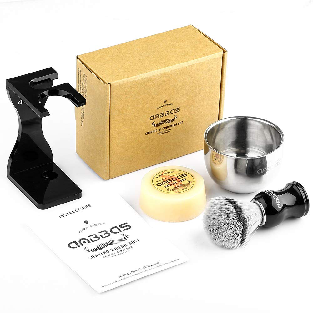 Anbbas Faux Badger Shaving Brush with 3.5 oz Goat Milk Shaving Soap and Bowl Stainless Steel,Black Acrylic Shaving Stand Holer for DE Razor Men Shave Kit