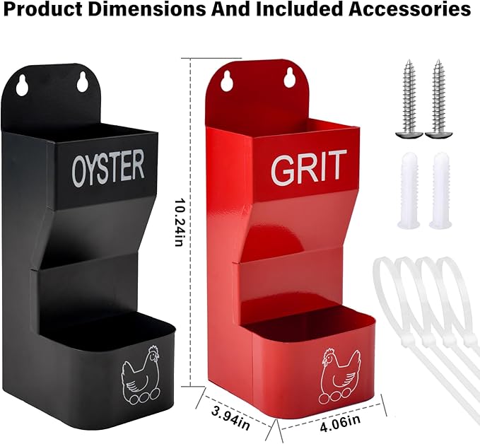 2 Pack Chicken Oyster Shell Feeder and Grit Device, Corner Chicken Feeder, Coop Accessories, Suitable for Hens and Chicks (Black + Red - 2)