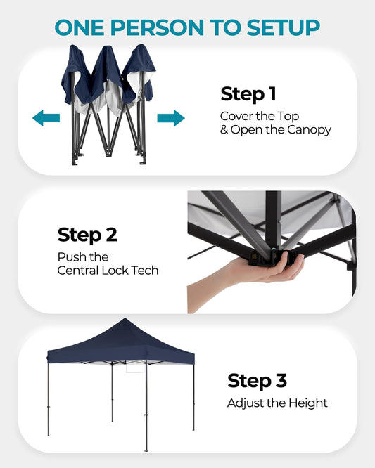 Eesdom 10x10 Pop Up Canopy with Wheeled Bag, Commercial Portable Canopy Tent, Easy Set Up, 4 Stakes & 4Sandbags & 4 Ropes, Waterproof Outdoor Shelter for Market, Parties, Navy Blue