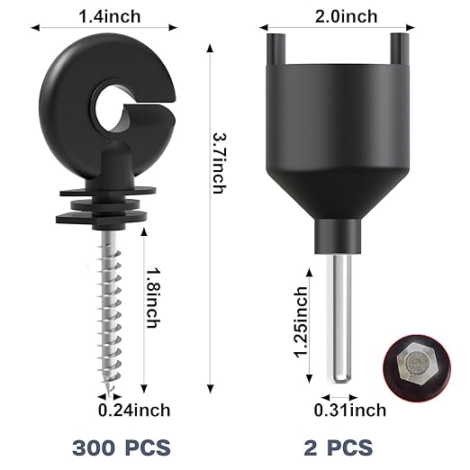 300 Pcs Black Electric Fence Insulator Screw-in Insulator Fence Ring Post Wood Post Insulator and 2 Pc Free Insulator Socket Tool (Grid System Accessories for Animal Husbandry Electronic)