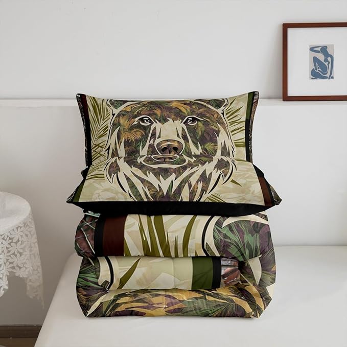Rustic Bear Comforter Set King Hunting Camo Bedding Set For Boys Adults Men,Camouflage Woodland Animal Bedding Comforters For Farmhouse Cabin Lodge,Nature Conifer Oak Branches Quilt 2 Pillow Cases