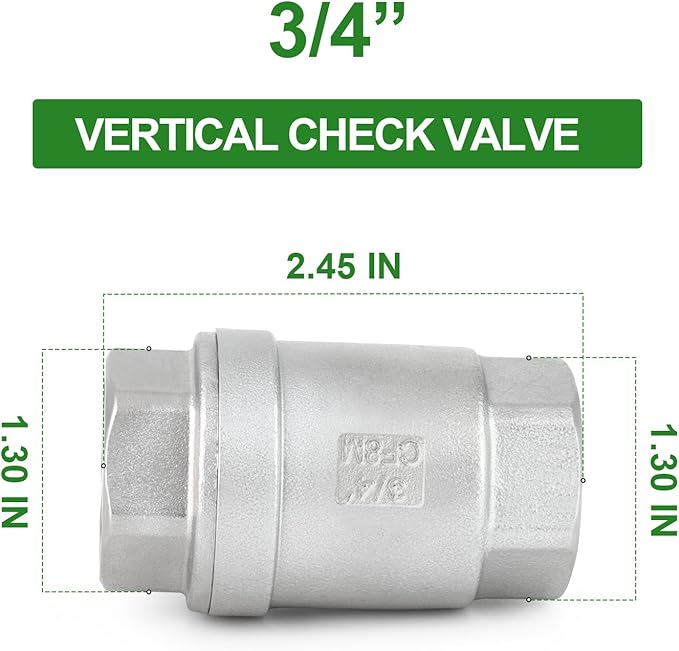 TAISHER 2PCS 304 Stainless Steel 3/4" Female Vertical Check Valve，Backflow Prevention, One Way Spring Check Valves CF8 WOG 1000
