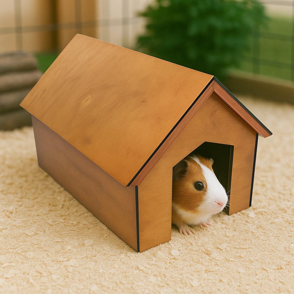 Guinea Pig House, Wooden Hut Hideout, Easy Assembly Slide-in Grooves, No Screws Needed, CNC Precision Crafted, PU Coated, Decorated Small Pet Shelter