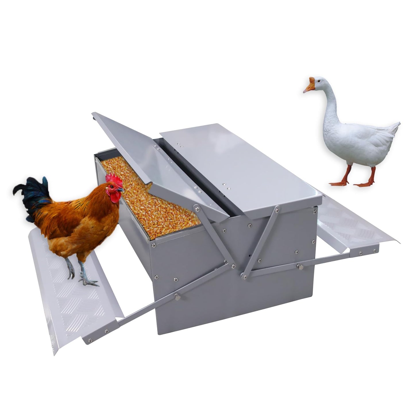 Automatic Chicken Feeder No Waste Rat Proof Treadle 22lb Metal Poultry Feeding Trough with Weatherproof Lid for Pheasants Hens Roosters Duck Fowl Outdoor Coop