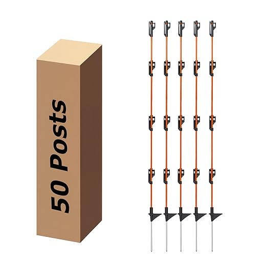 46 Inches Electric Fence Fiberglass Posts, 50 Pack Step in Electric Fence Post, Temporary Portable Fence Stakes for Livestock, Big Insulator, Orange