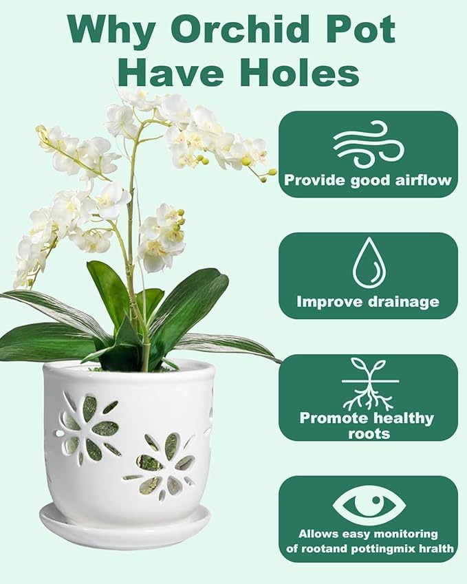 vensovo 6 Inch Orchid Pot with Holes and Saucer - White Ceramic Orchid Planter for Repotting, Flower Pot for Indoor/Outdoor Plants (1 Pack)