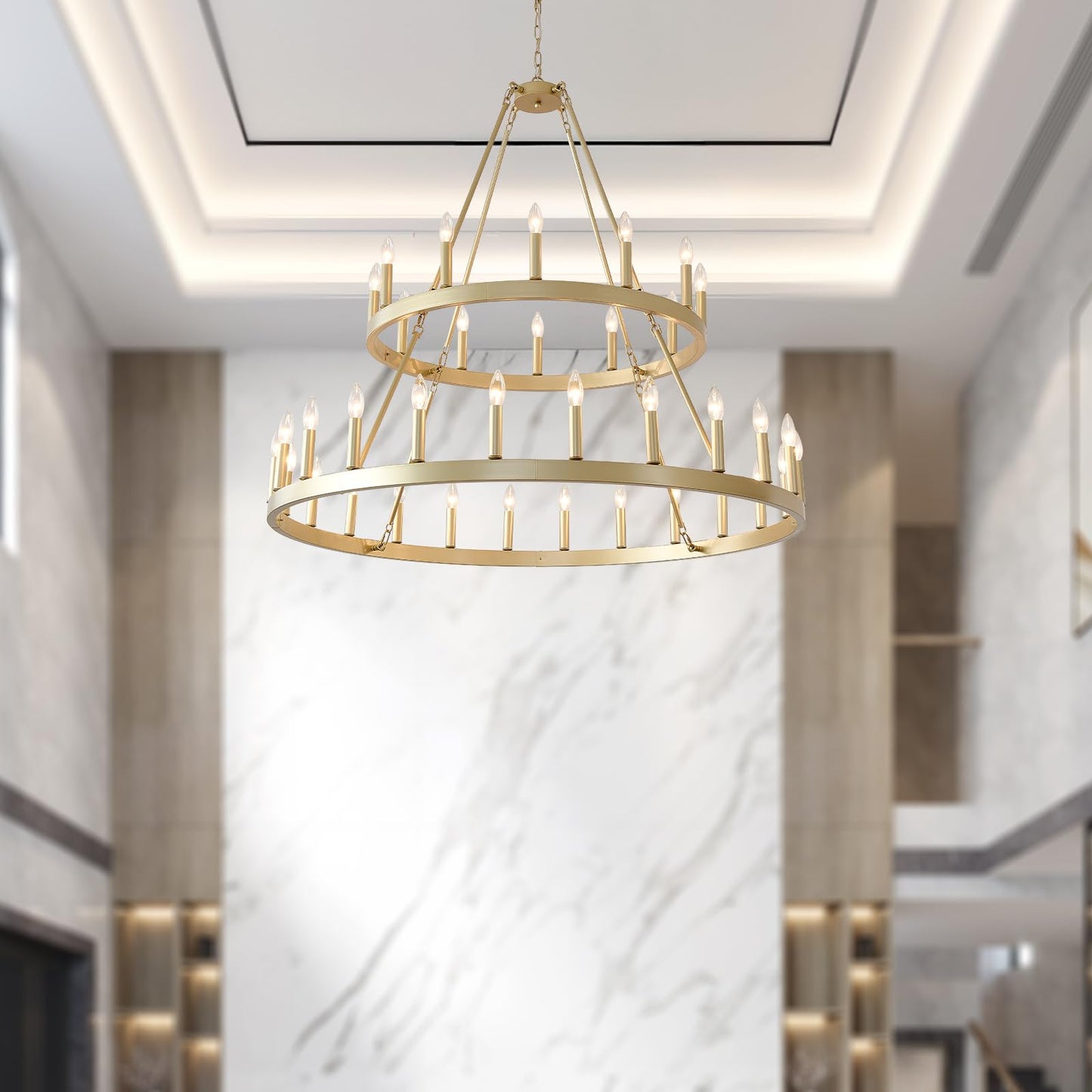 HHR 48" Gold Wagon Wheel Chandelier 2 Tiers, 36-Light Large Farmhouse Chandelier for High Ceilings, Round Rustic Pendant Light Fixture for Foyer, Entryway, Dining Room, E12