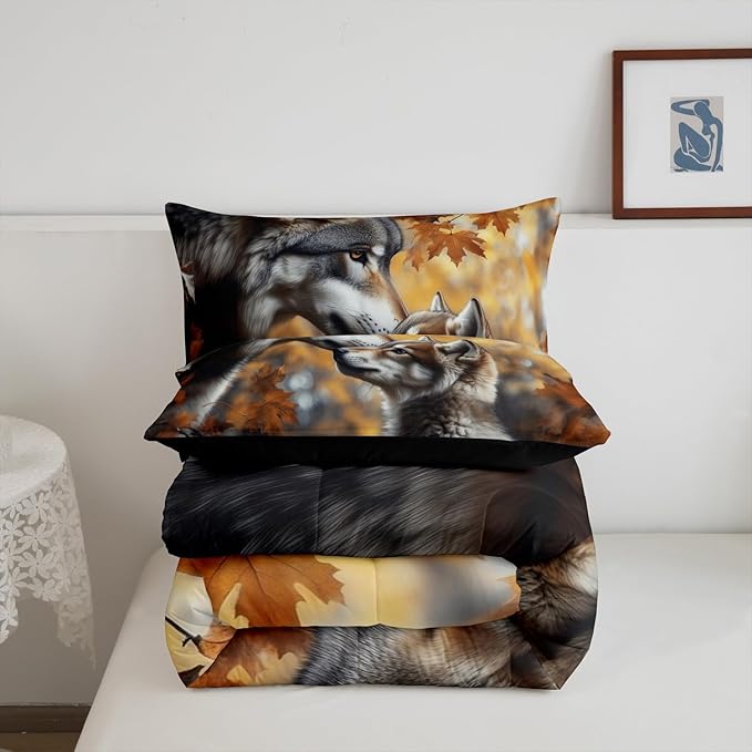 Wolves Toddler Bedding Set for Adults,Jungle Safari Animal Comforter Set Bed Set Men Bedroom Decor,3D Wolf Family 2 Pieces Quilt Set,Autumn Botanical Plants Quilt Set Insert,1 Pillow Case