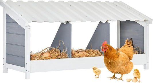 PETSFIT 3 Holes Chicken Nesting Box-All Weather PVC Roof, Natural Wood Design with Privacy Back Panel for Hens-Wall Mounted or Floor Use in Coops, Farms, Backyards,Easy to Assemble and Clean