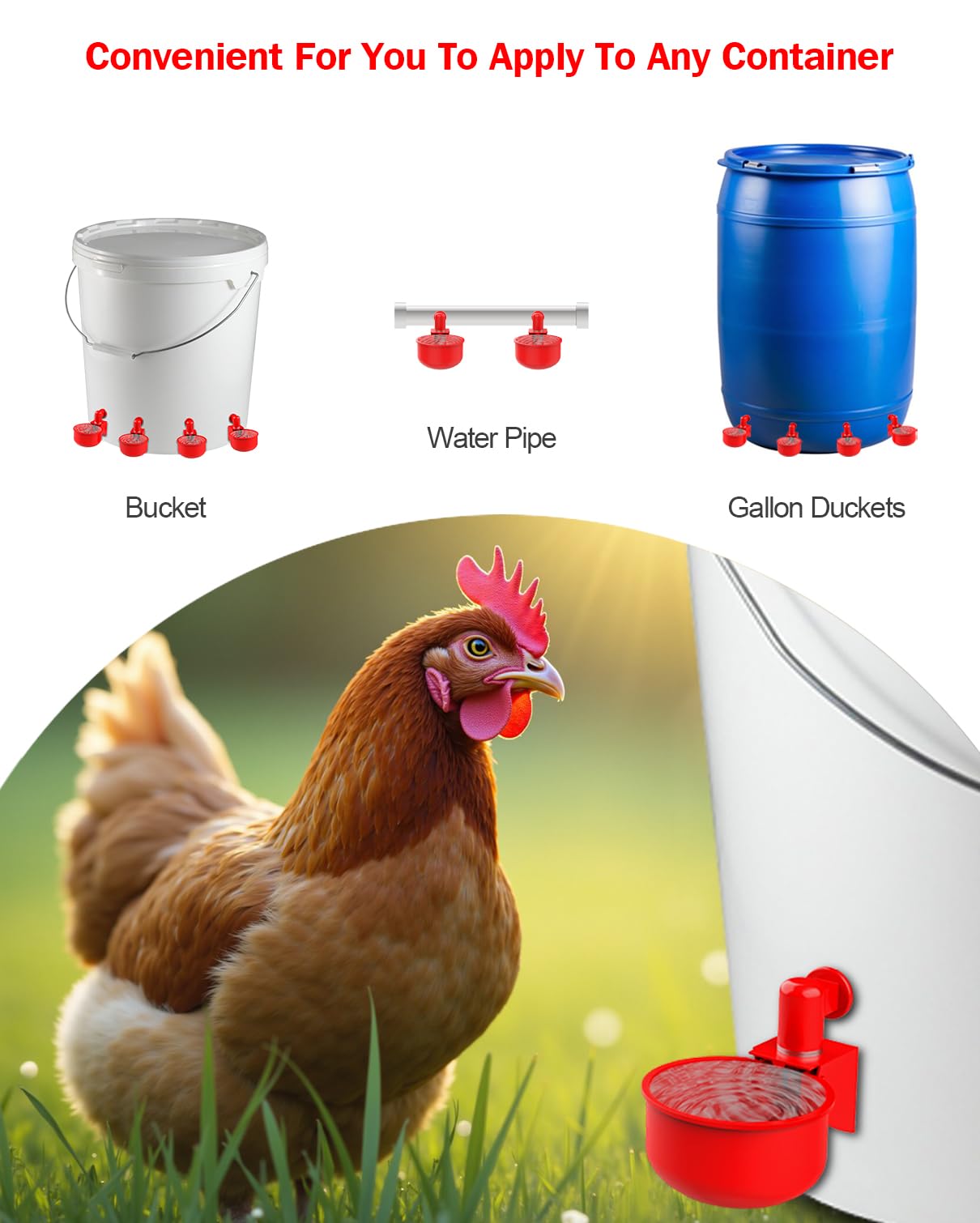 Professional Chicken Waterer Cups, 30 Packs Large Automatic Poultry Water Feeder with Tee Fittings - Leakproof Design for Ducks, Chickens, Geese, Turkeys, Birds - Includes Mounting Hole Opener Tool