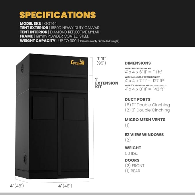 Gorilla Grow Tent Pro 4' x 4' x 6'11 to 7'11 w/Included Extension Kit - Tallest Premium Indoor Grow Tent, Thickest & Most Durable Gorilla Canvas, Strongest w/ 300lb Hang Capacity, Hydroponic Grow Box