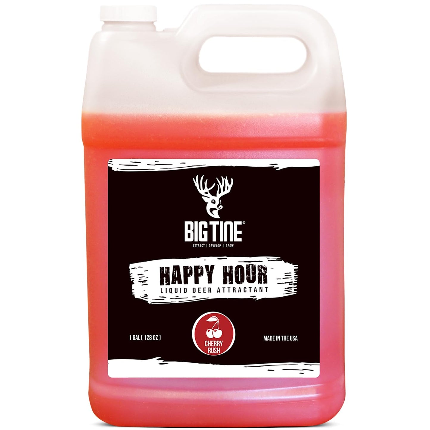 Big Tine Happy Hour, Liquid Deer Mineral Attractant, Cherry Rush Flavor, 1 Gallon Container, Powerful and Long Lasting, Concentrated Scent and Flavor