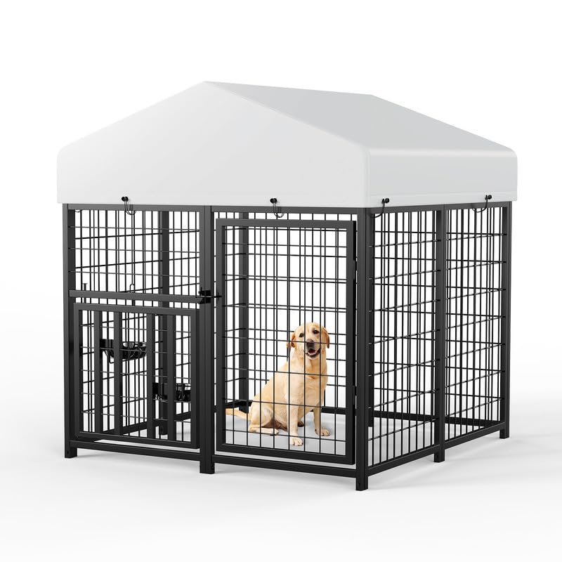 ROOMTEC Large Dog Kennel Outdoor Pet Pens Dogs Run Enclosure Animal Hutch Metal Coop Fence with Roof Cover (4'L x 4'W x 4.25'H)