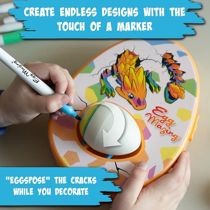 The Eggmazing Egg Decorator Dragon Egg Kit Arts and Crafts Set - Includes Egg Decorating Spinner, 6 Markers, and 2 Dragon Eggs with 3D Printed Dragons Inside | Ages 3 and Up