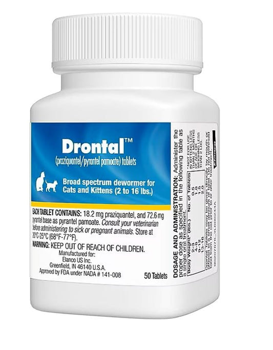 Elanco Drontal Broad Spectrum Cat and Kittens Dewormer for tapeworms, hookworms, roundworms. | 50 Tablets