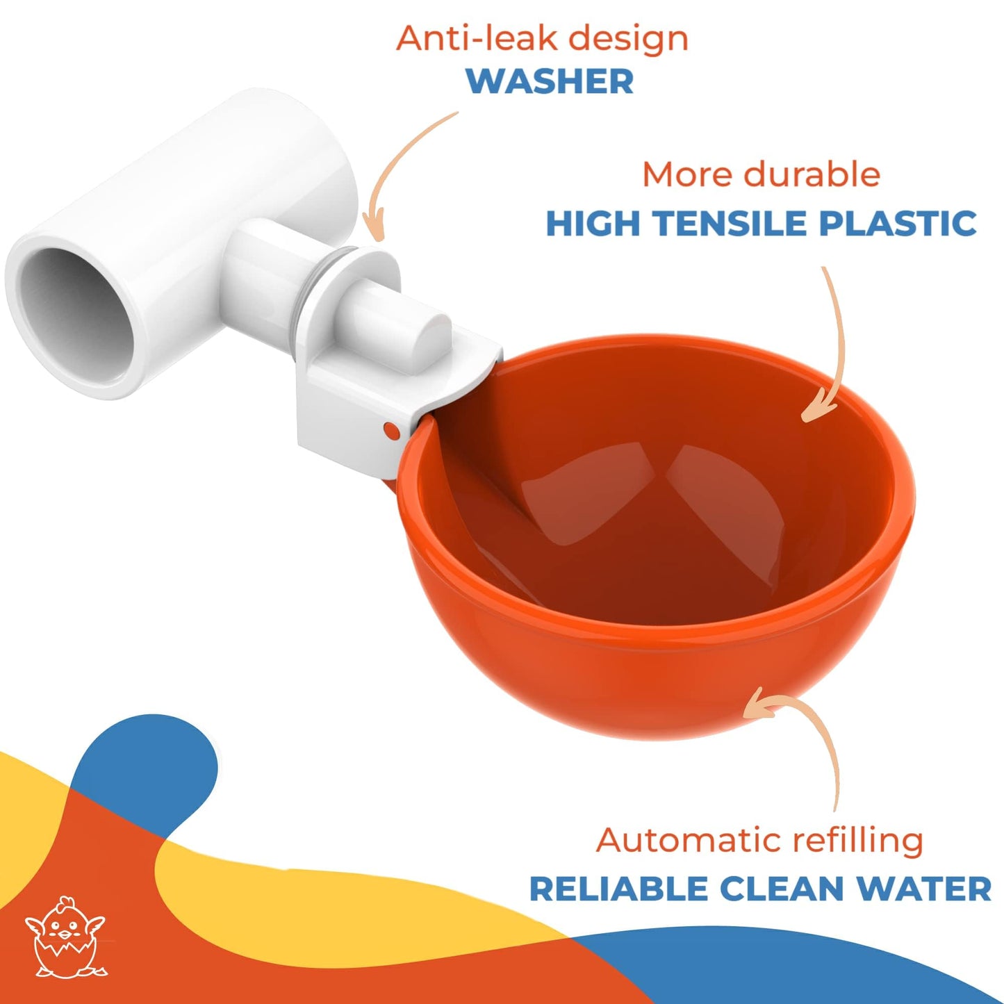 Lil'Clucker Large Automatic Chicken Waterer Cups with 1/2" PVC Tee Fittings - Chicken Water Cups, Chicken Water Feeder, for Chicks, Duck, Goose, Turkey - Poultry Waterer Feeder Kit (Orange, 5-Pack)