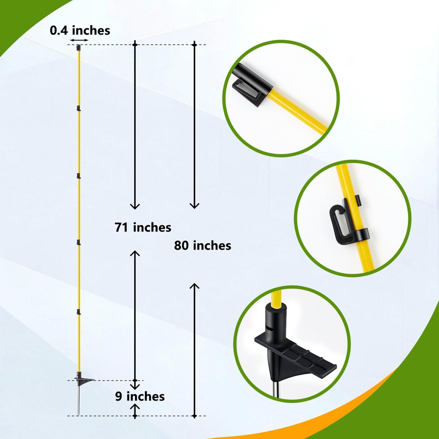 Maasechs 80 Inches Electric Fence Posts Fiberglass Step-in 20 Pack, Temporary Fence Stakes with Adjustable Clips for Livestock, Garden, Farm Protection