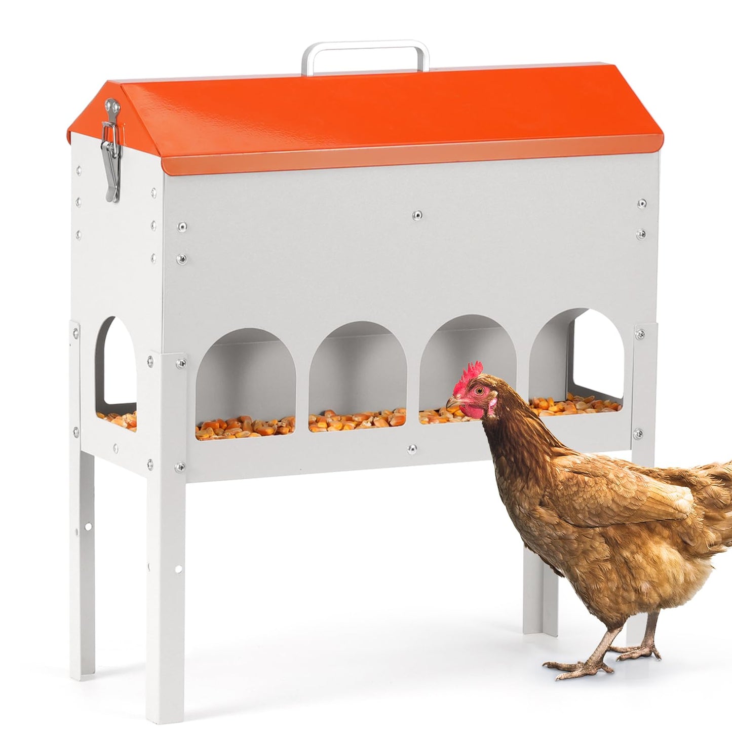 MUDUOBAN Chicken Feeder No Waste 15 Pound,10 Feeding Ports,with Metal Feeder Box Stands for Chicken Poultry Duck,No Food Buildup at The Bottom