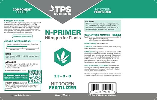 TPS NUTRIENTS N-Primer Nitrogen Supplement for Fast Vegetative Growth, Promotes Dark Green Leaves 8 oz (250mL)