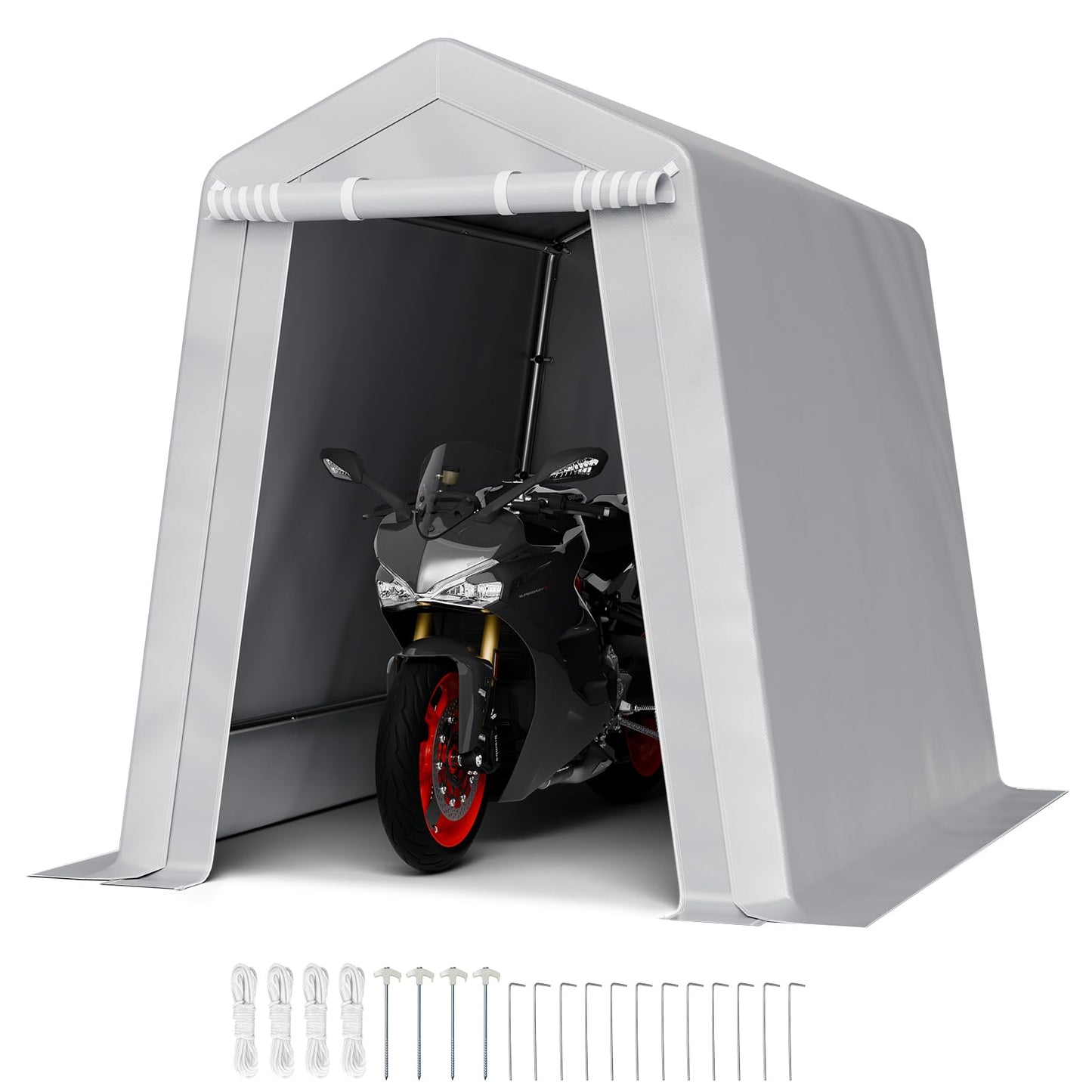 VEVOR 6x8x7 FT Portable Outdoor Storage Shed, Heavy-Duty Waterproof Shelter with Roll-Up Zipper Door & Vents, UV-Resistant Carport for Motorcycle, Bike, Lawn Mower, Tools, Gray