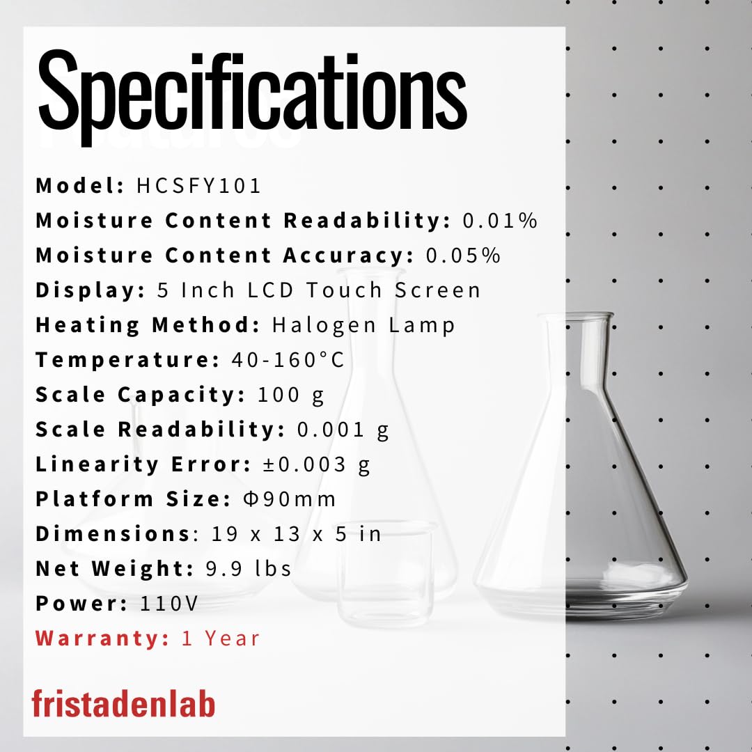 Fristaden Lab Halogen Moisture Analyzer | USA Company | 0.01% Moisture Content Readability | 100 g x 0.001 g Balance + Halogen Lamp