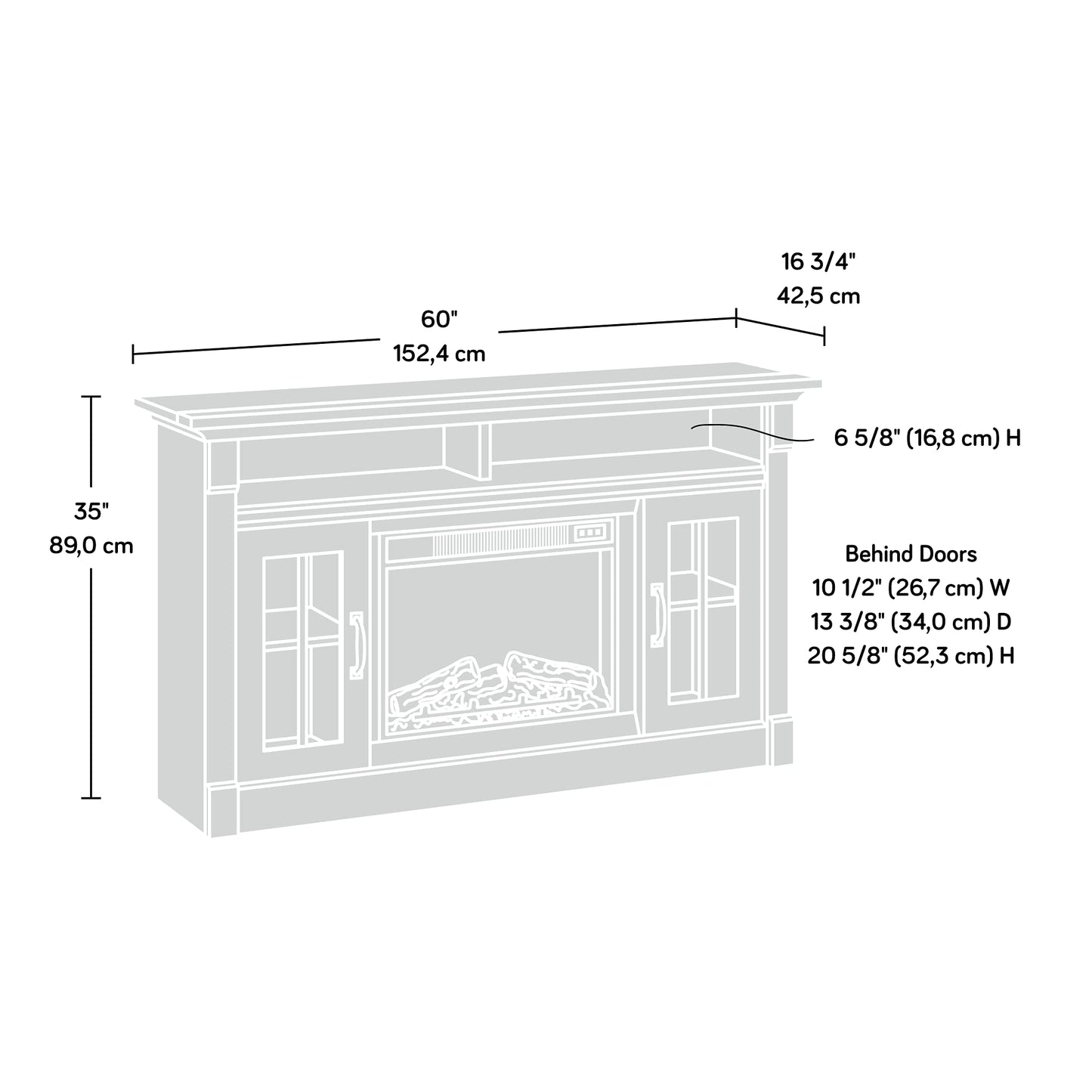 Sauder Miscellaneous Fireplace Credenza, L: 60.0" x W: 16.73" x H: 35.04", Vintage Oak Finish