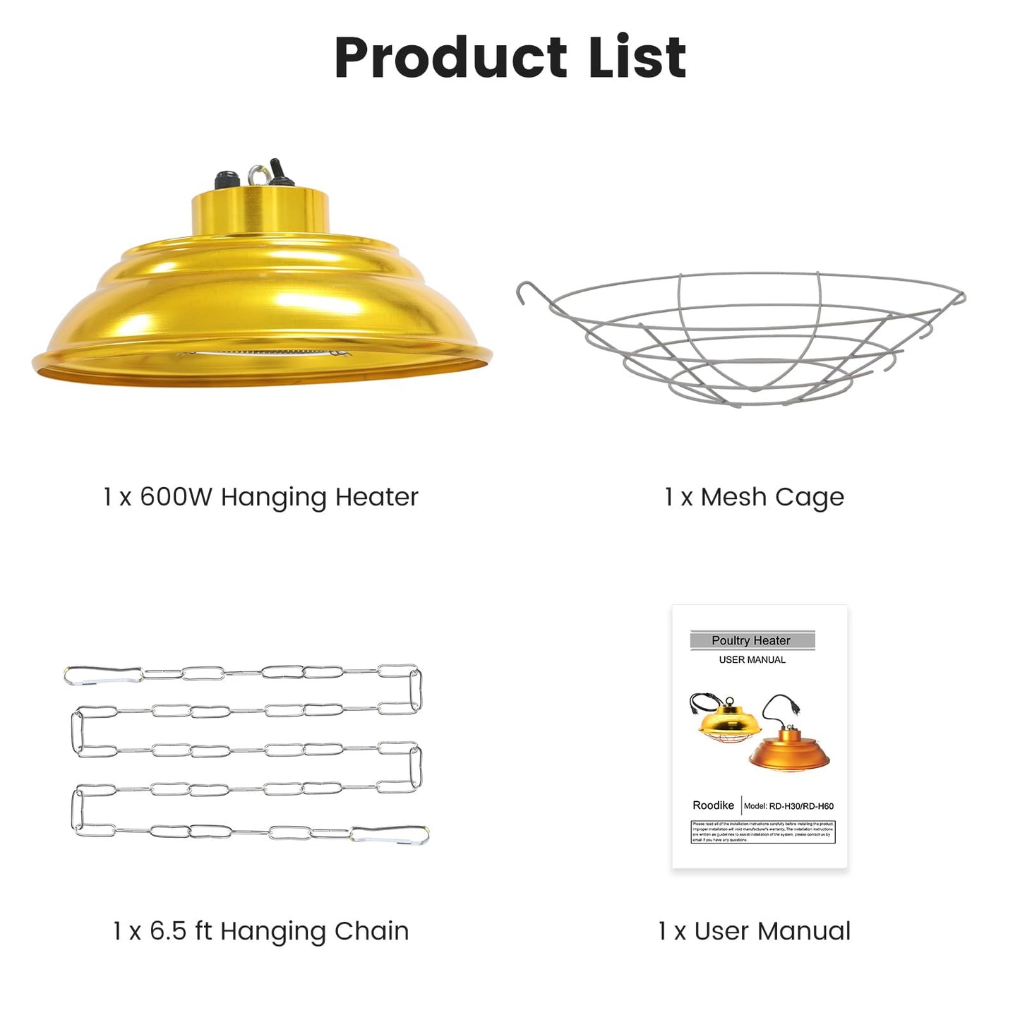 Roodike Hanging Chicken Coop Heater, 600W/300W 2 Heating Levels Premium Waterproof Large Range Heaters for Cattle, Horses, Donkeys, Poultry, Greenhouse Plant