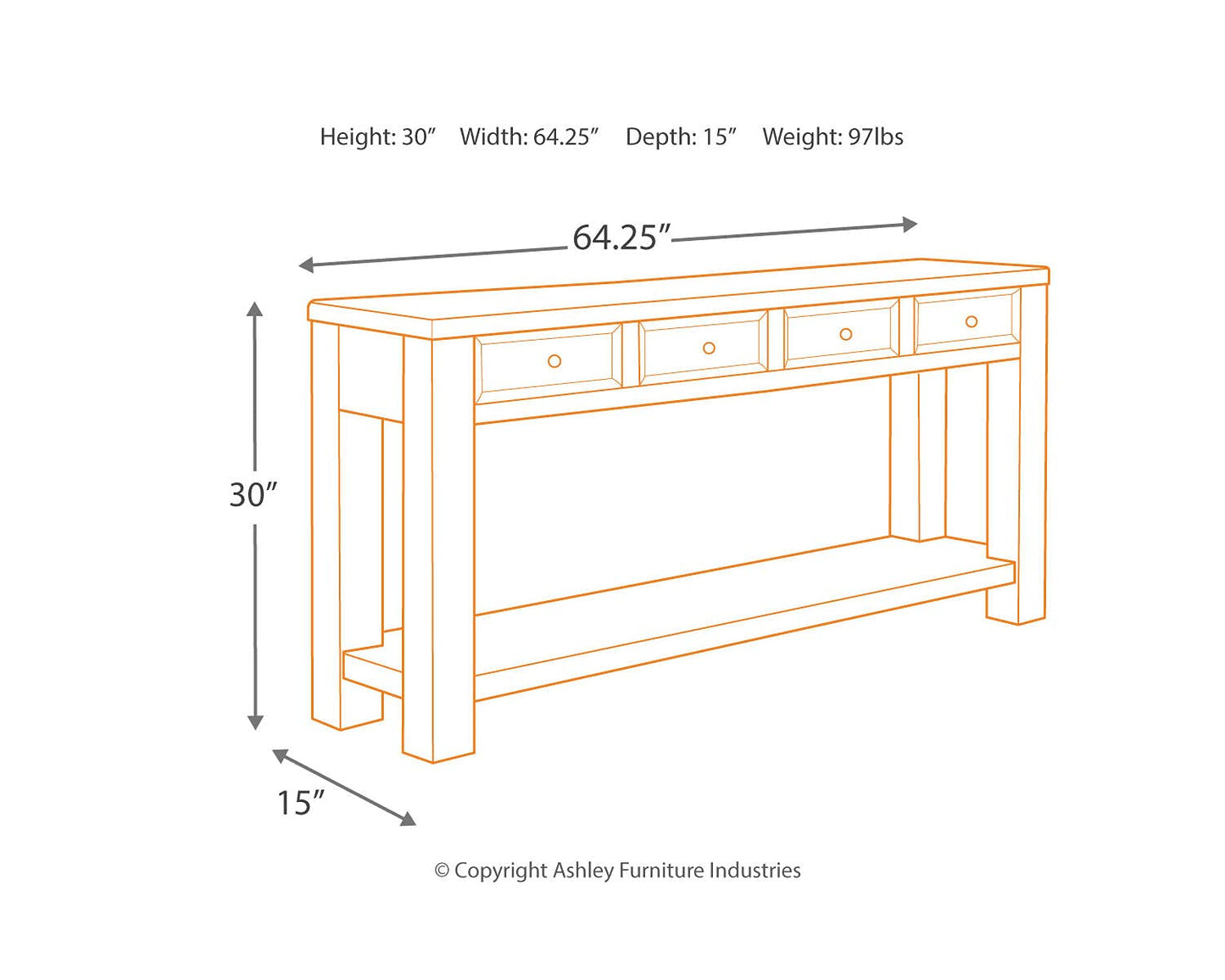 Signature Design by Ashley Gavelston Rustic Sofa Table with 4 Drawers and Lower Shelf, Weathered Black