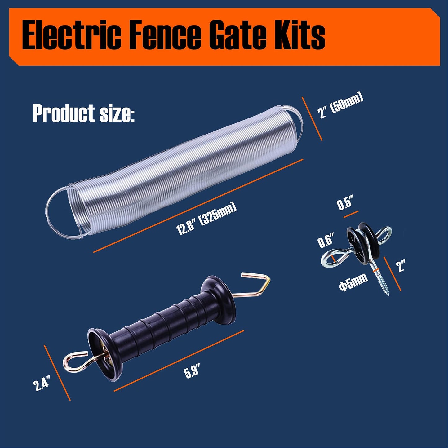 QMARK Electric Fence Gate Kit, Electric Fence Handle Set, Spring Gate Handle Set with 2 Tension Springs, 4 Corner Ends 2 Black Handles