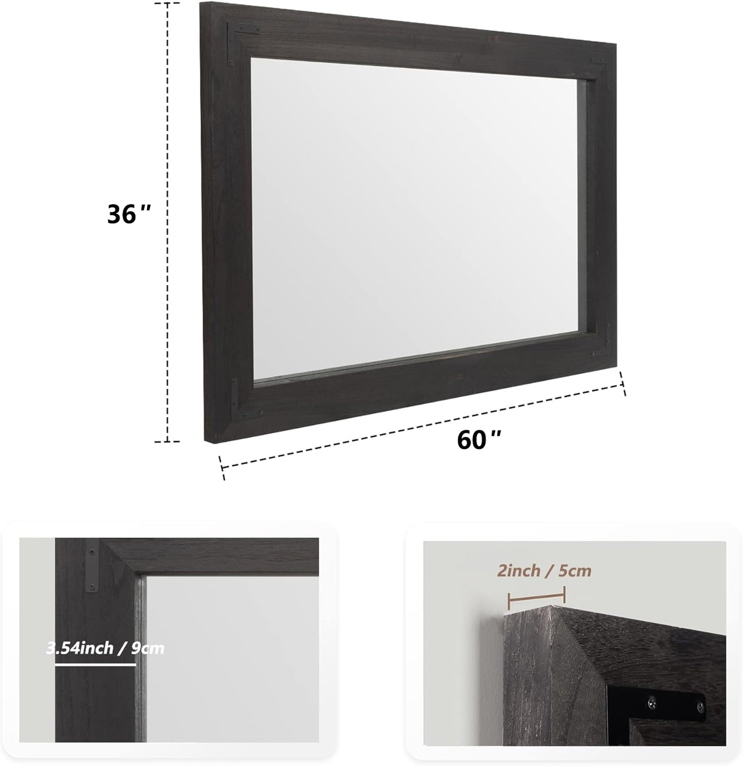 YOSHOOT Rustic Wooden Framed Wall Mirror, Natural Wood Bathroom Vanity Mirror for Farmhouse Decor, Vertical or Horizontal Hanging, 60" x 36", Black