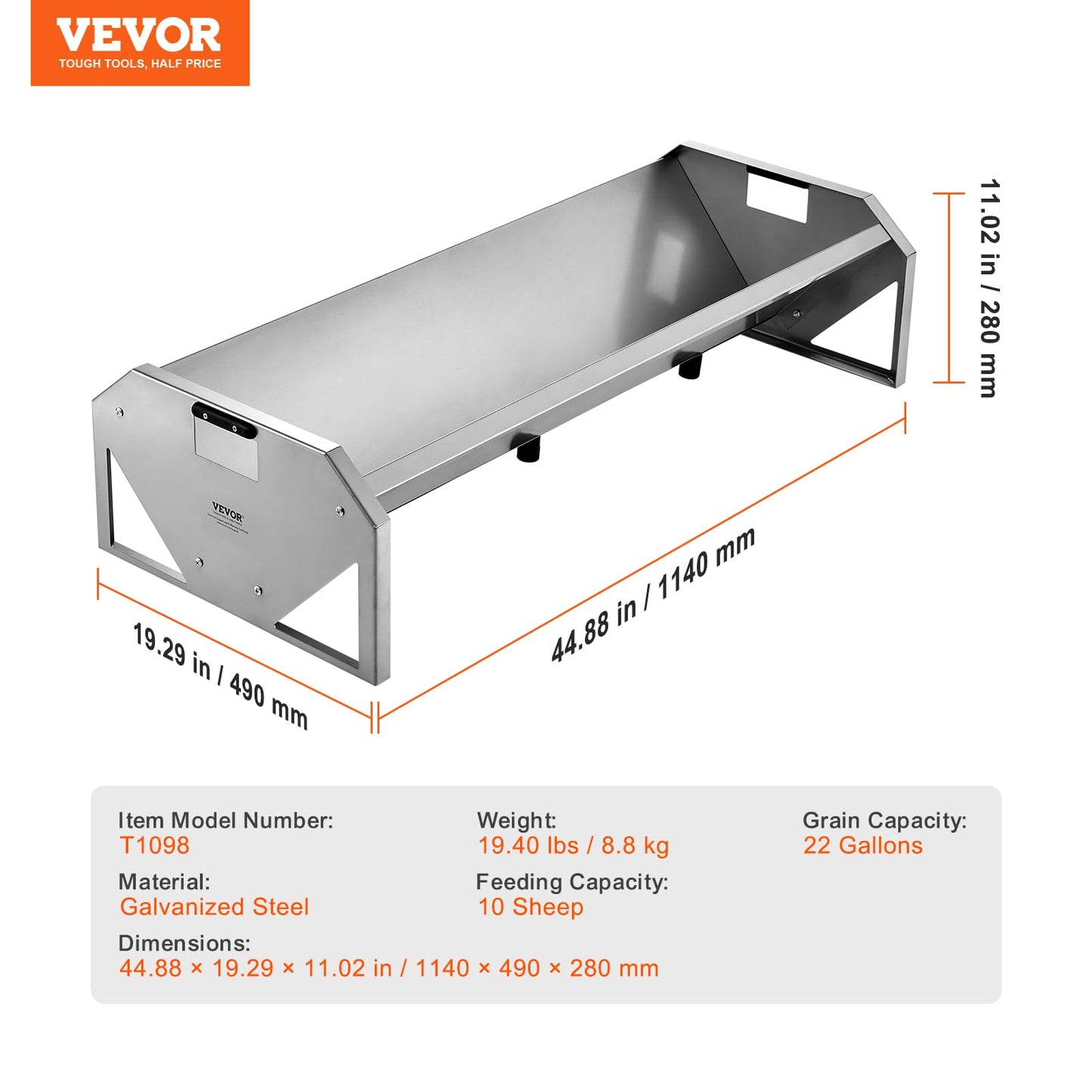 VEVOR Livestock Feeding Trough, 22 Gallon Capacity, 45" Hay Feeder, Heavy Duty Steel Livestock Trough, Galvanized Steel Sheep Feeder Trough Feeding up to 10 Goats for Horse Sheep Hog Farm Sheds Pen