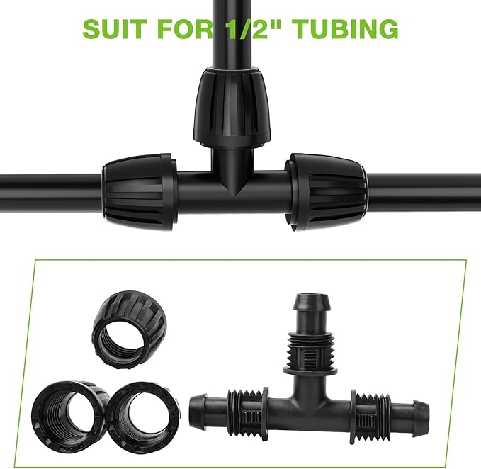 Bonviee 6 Pack 1/2 Inch Drip Irrigation Tee Connectors, Barbed Lock Fittings for 1/2” Tubing, Leak-Proof 3-Way Coupler for Garden Hose, Drip System Repair & Extension
