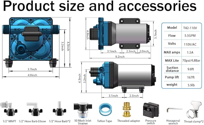 110V Electric High Pressure Water Pump with Diaphragm, Inline Water Transfer Pump, Camper Water System, On-Demand Water Pressure Booster Pump for Garden Hose & Water Pumps"