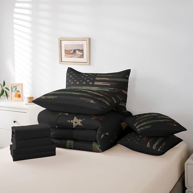 Feelyou American Flag Bedding Bed Set Set Full Size Green Brown Camouflage 7 Pieces Bedding Set, Boys Girls Decor Camo Stripes All Season,Bed in a Bag with Comforter, Sheets, Pillowcases Abstract