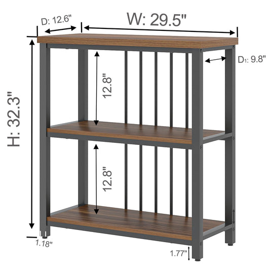 FOLUBAN Bookshelf, Small Modern 3 Tier Bookcase, Wood and Metal Standing Storage Book Shelves for Living Room, Office, Bedroom (Rustic Walnut)