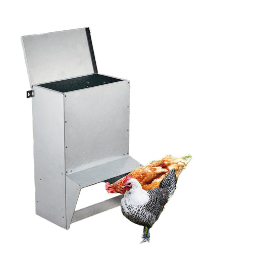 Domenow Galvanized Chicken Treadle Feeder, Poultry Feeder, 50lbs Automatic Chicken Feeder with Sides Buffer System, for 30-40 Chickens