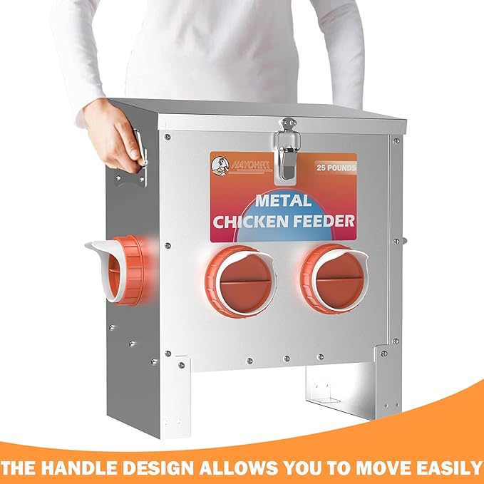 Automatic Chicken Feeder No Waste 25 Pounds 4 Ports Metal Poultry Feeder with Latch & Handle for Chickens Bantams Pheasants Poultry Coop Weatherproof