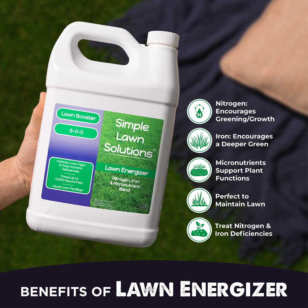 Lawn Energizer Nitrogen & Iron (1 Gallon) and 15-0-15 Lawn Food (1 Gallon) and Root Hume (1 Gallon) and Seaweed Soil Hume (1 Gallon) - Simple Lawn Solutions