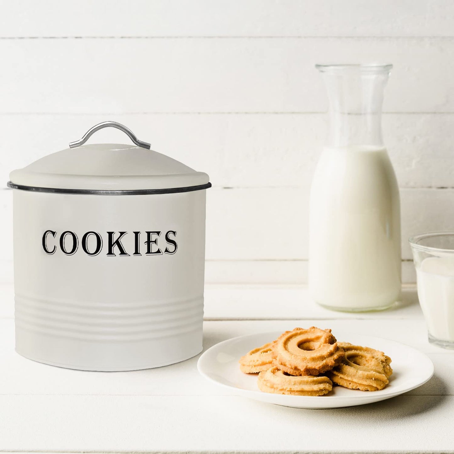 Blue Donuts Vintage Cookie Jar - Airtight Counter Cookie Container, Ivory Tin with Lid for Gift Giving, Large Capacity