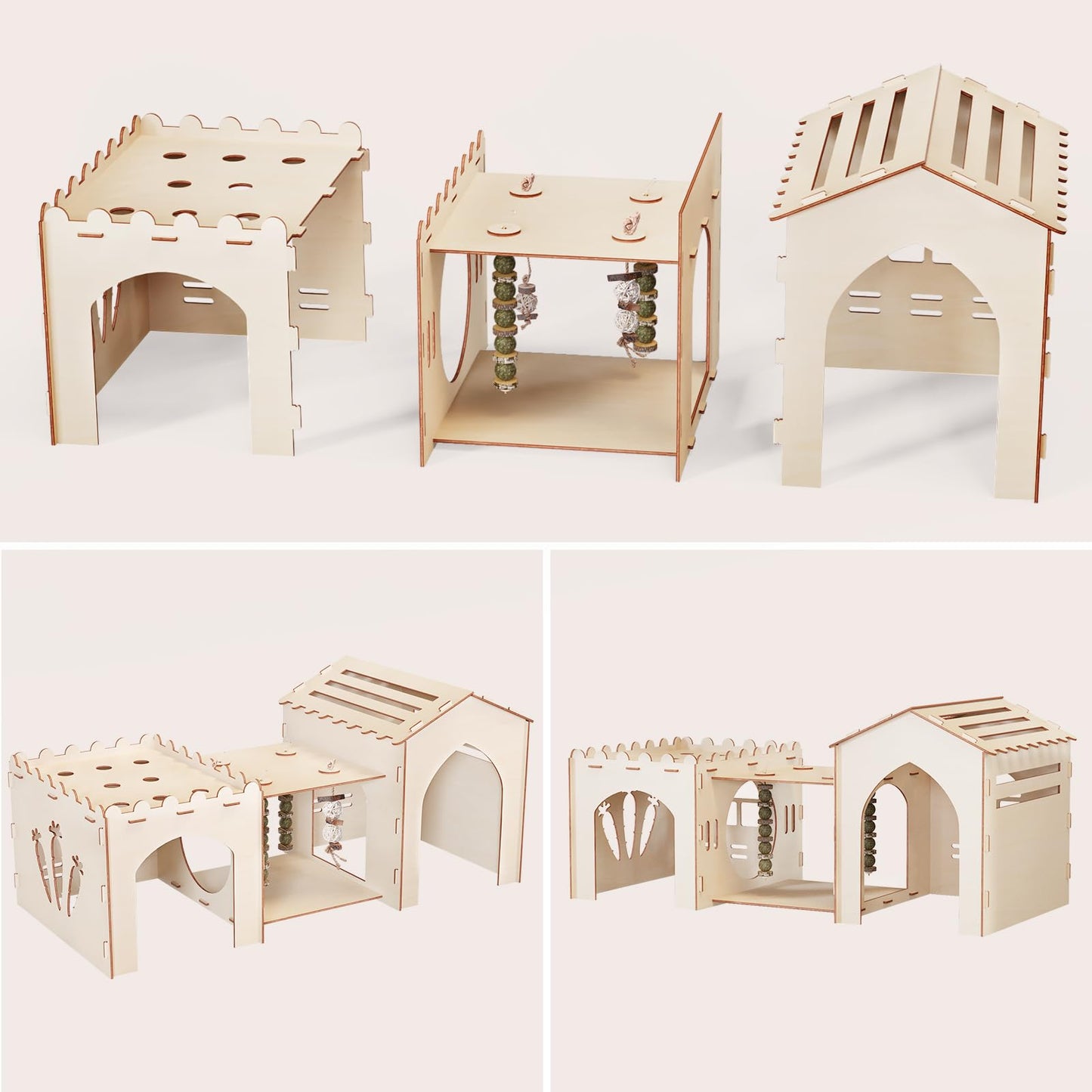 Woiworco Extra Large Rabbit Castle Hideout Bunny House with 3 Houses and Toys, Wooden Bunny Hideout Indoor Large Rabbit Hutch Play Houses and Hideouts Nut Castle Hamsters and Guinea Pigs Hut to Hide