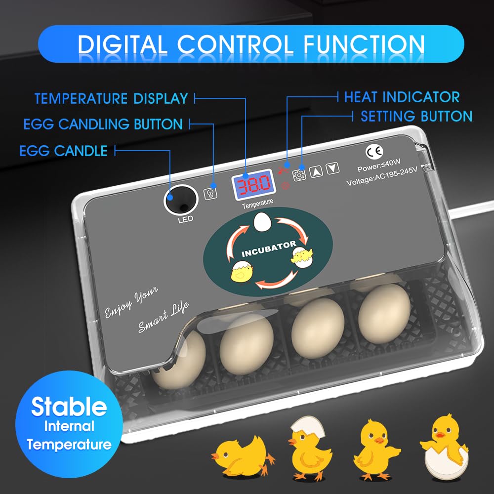 12 Automatic Egg Incubators for Hatching Eggs Whith Smart Temperature Control, Auto Turner, LED Candling for Chicken, Duck, Quail Eggs (12-Black)