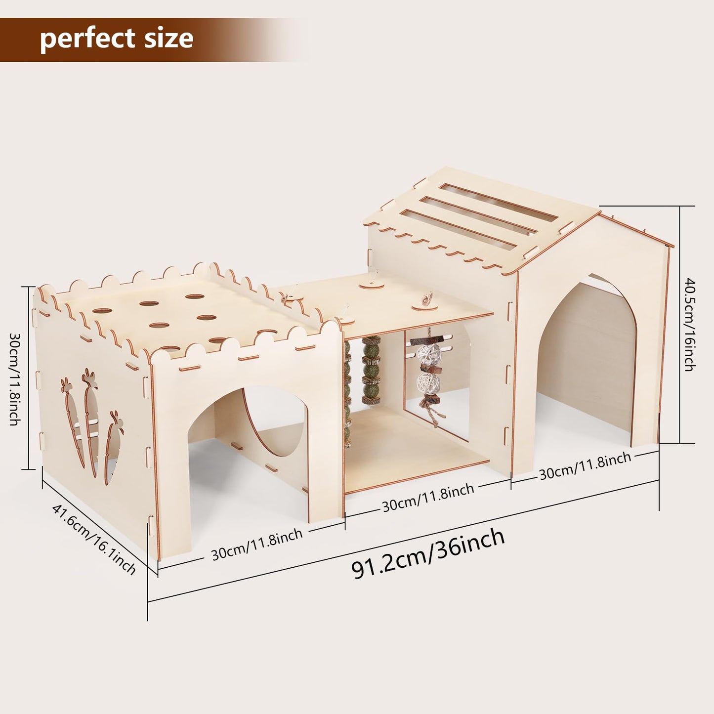 Woiworco Extra Large Rabbit Castle Hideout Bunny House with 3 Houses and Toys, Wooden Bunny Hideout Indoor Large Rabbit Hutch Play Houses and Hideouts Nut Castle Hamsters and Guinea Pigs Hut to Hide