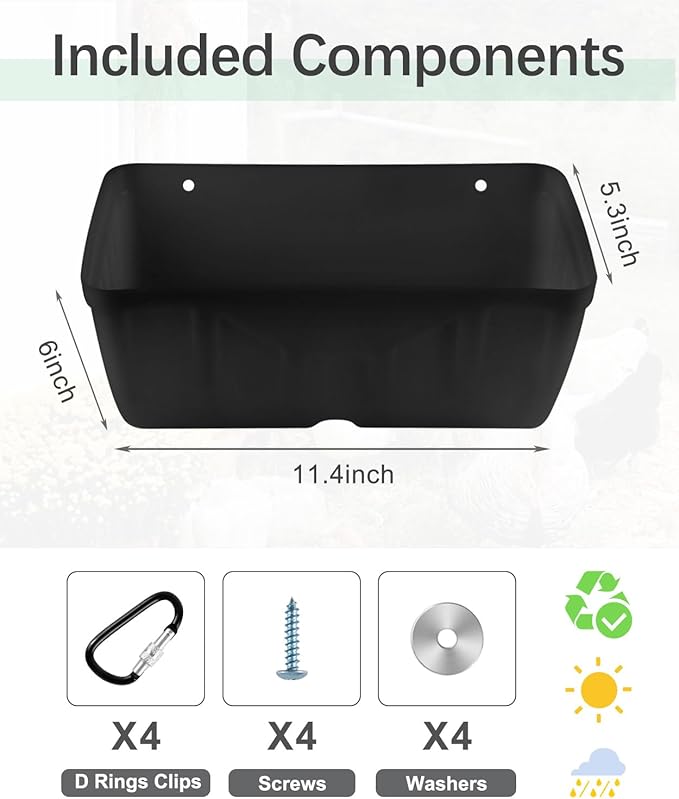 Chicken Feeder, 2 Pack, Poultry Feeders and Waterers, Hanging Goat Feeder, Livestock Fence Feeder, Feed Trough and Waterer Bucket with Clips, Black