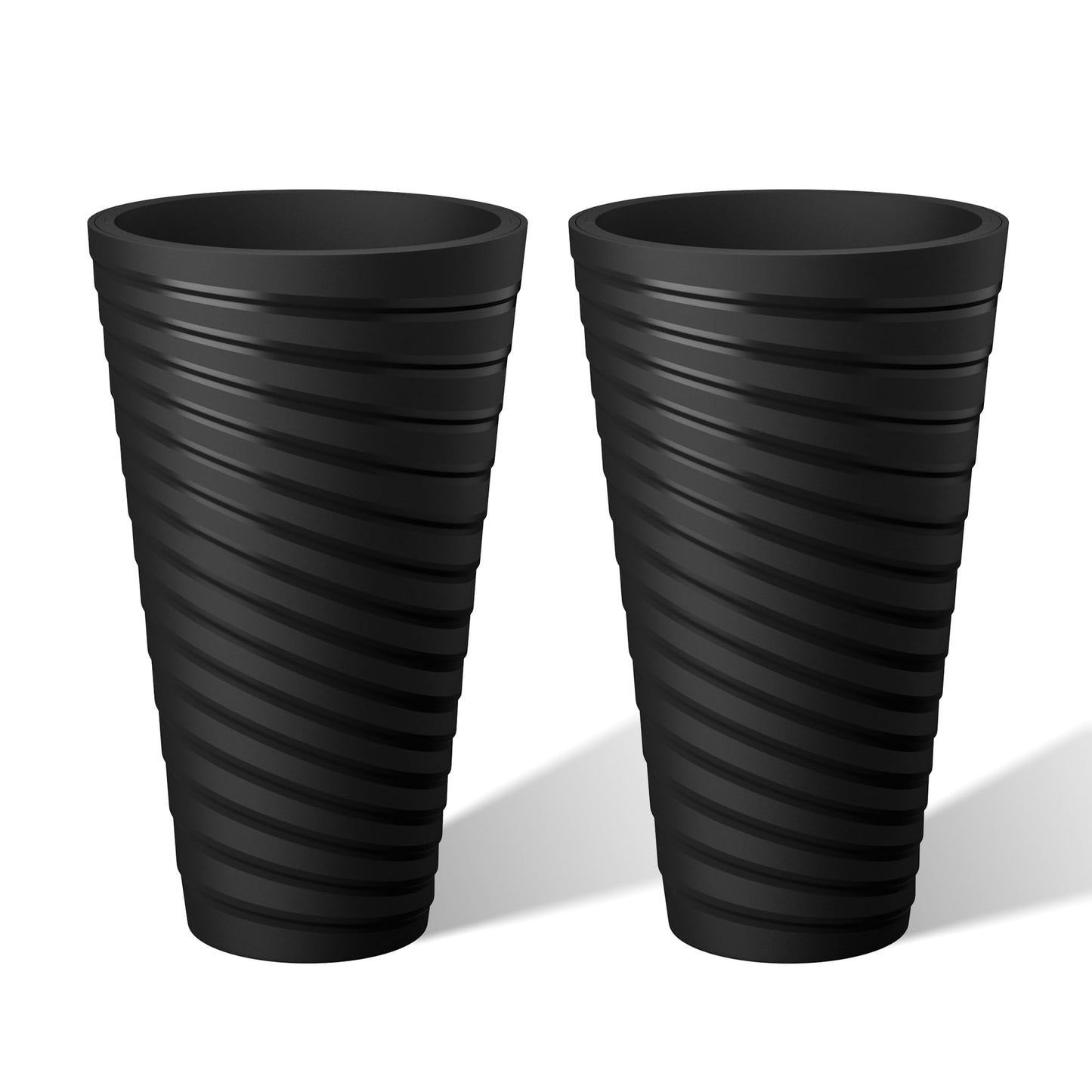 Kante 29 Inch Tall Planter Set of 2, Round Spiral Textured Flower Pots, Decorative Plant Pots for Outdoor Indoor Garden Patio Front Porch (Black)