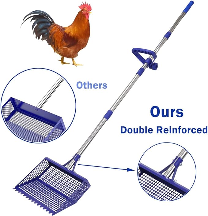 Chicken Poop Scooper & Rake 2-in-1, 304 Stainless Steel Shovel Head - 2X Waste Removal, Easy Clean Anti-Rust Litter Sifting Scoop, Cattle Pen & Beach Sand | Back-Knee Friendly Chicken Coop Accessories