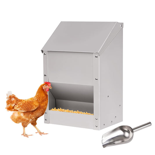 JLUHYANN Automatic Chicken Feeder 10lb Metal Poultry Feeder with Lid No Waste Duck Feeder Wall Mounted Chicken Feed Dispenser with Scoop for Chickens Ducks Goose Poultry (Small Size)