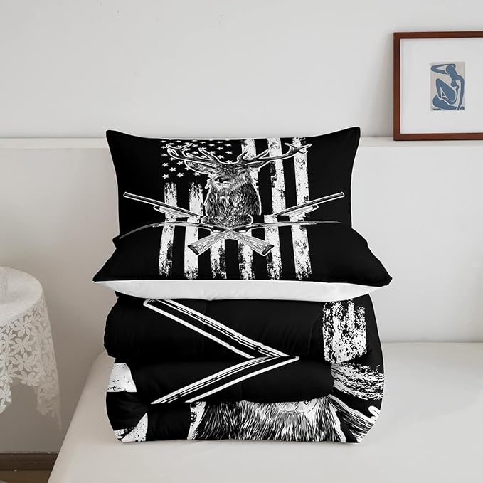 Erosebridal Deer Comforter Set American Flag Bedding Set Full Size Hunting Theme Duvet Set Western Rustic Farmhouse Decor Quilts Wild Animal Elk Print Down Comforter USA Flag Comforter 3 Pcs