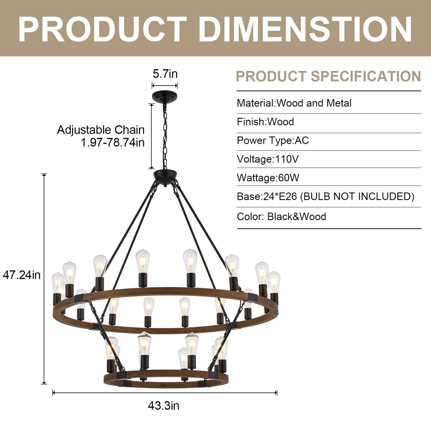 brfaixla 2 Tiers Wagon Wheel Chandelier Wooden Farmhouse 24-Light(16+8) 43.34’’ Brown, Black Metal Chandeliers 2-Story Rustic Light Fixtures Industrial for High Ceiling Living Dining Room Foyer