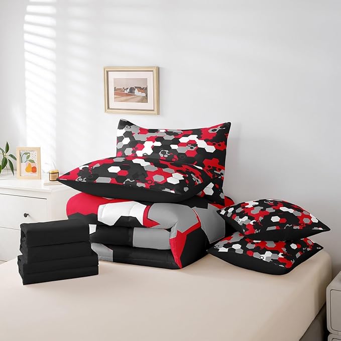 jejeloiu Red Honeycomb 7 Pieces Bedding Set King Size Modern Hexagon Theme Comforter Set with Sheets for Kids Boys Decor Camouflage Camo Geometric Abstract Bed in a Bag Soft Bedroom Decor
